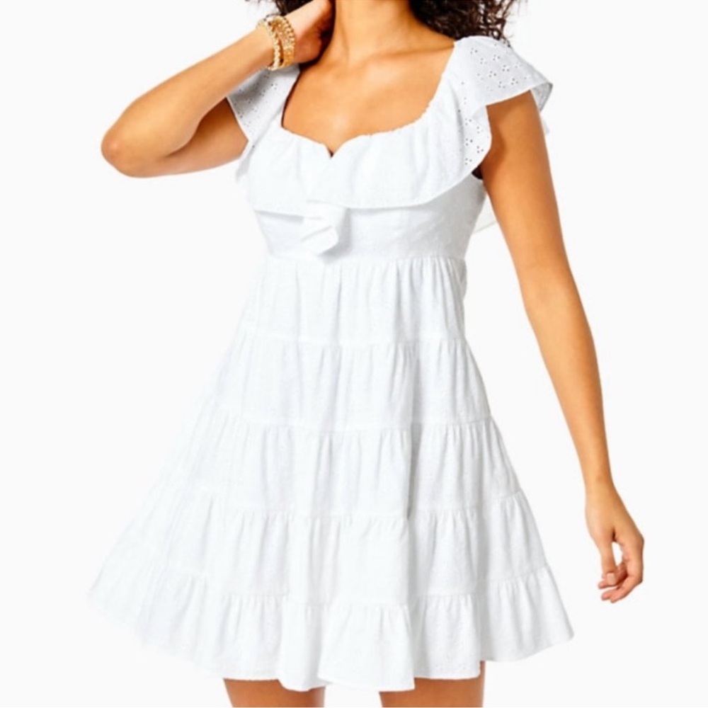 {Lilly Pulitzer} Emie White Eyelet Babydoll Dress, Size 12 - Picture 9 of 10